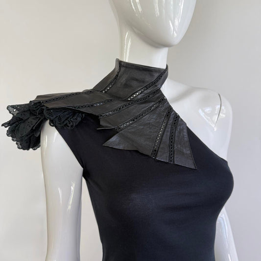 Japanese Vintage Leather & Eyelet One Shoulder Ruffle Top