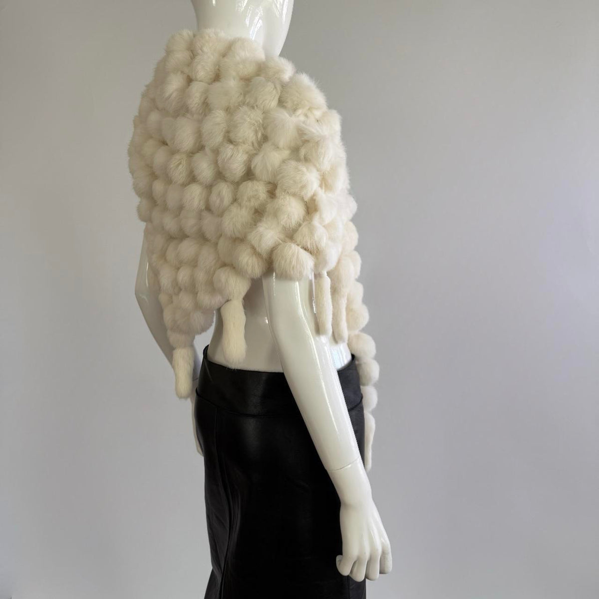 Genuine Rabbit Fur Vintage Cream Pom Pom Caplet
