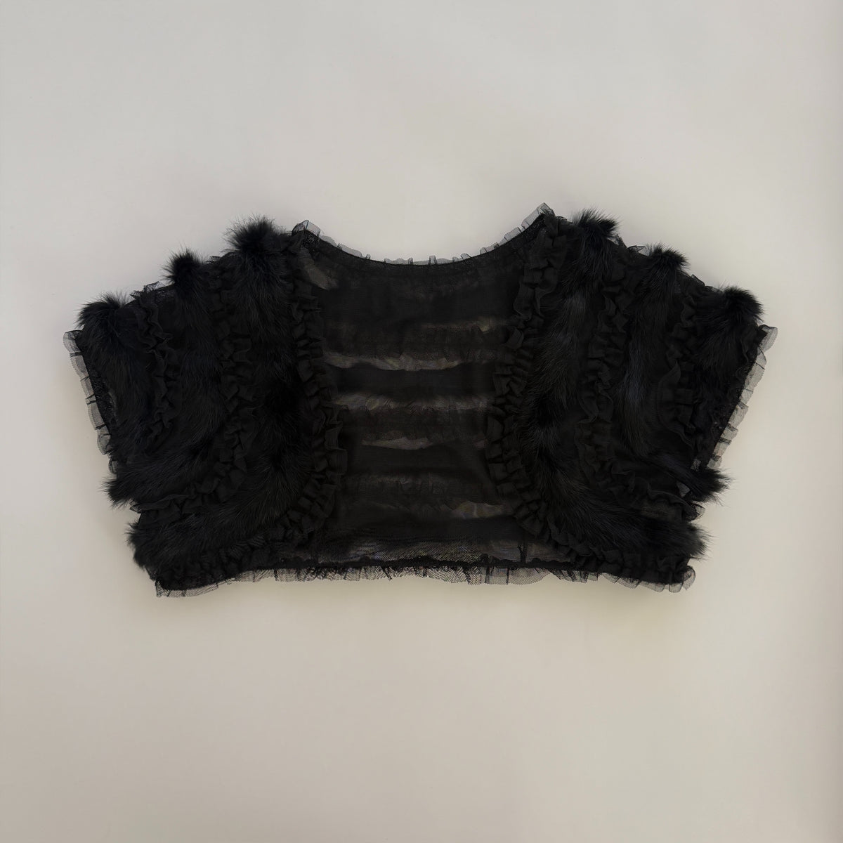 Real Rabbit Fur Trim Black Sheer Mesh Bolero