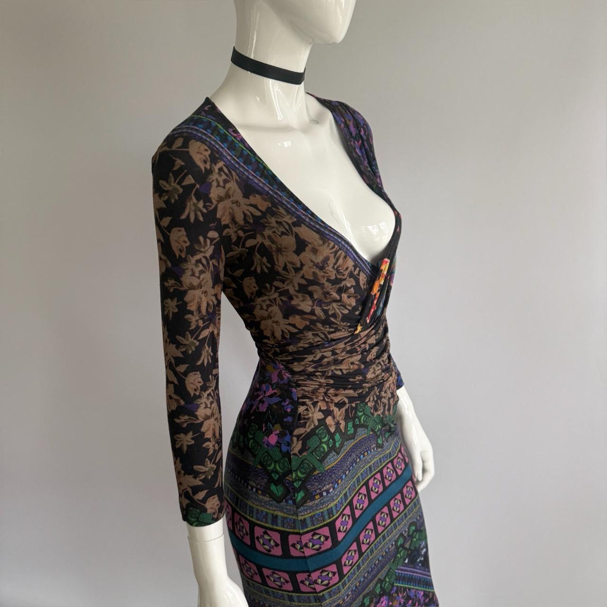 Etro Vintage 2000s Ruched Plunging Jersey Dress