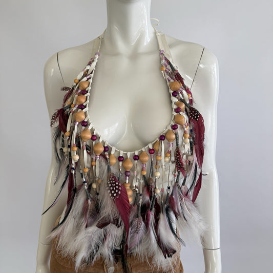 Vintage 1970s Artisian Leather Feather Beaded Halter Top