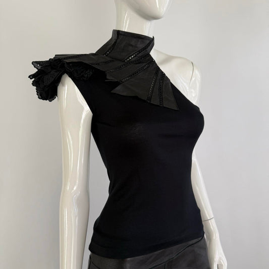 Japanese Vintage Leather & Eyelet One Shoulder Ruffle Top