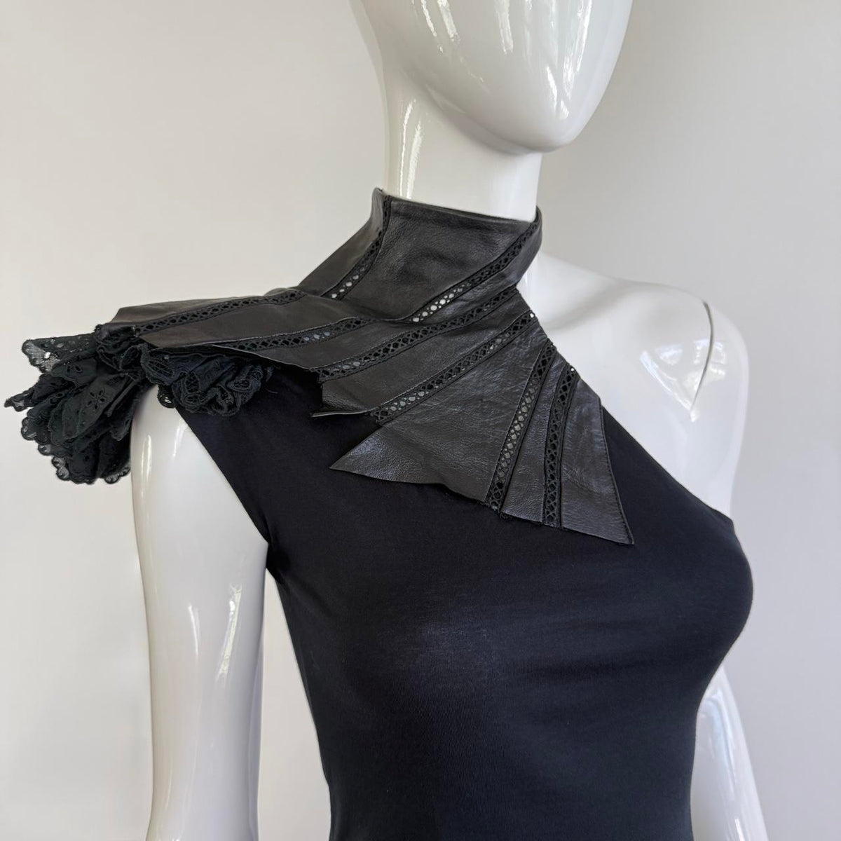 Japanese Vintage Leather & Eyelet One Shoulder Ruffle Top