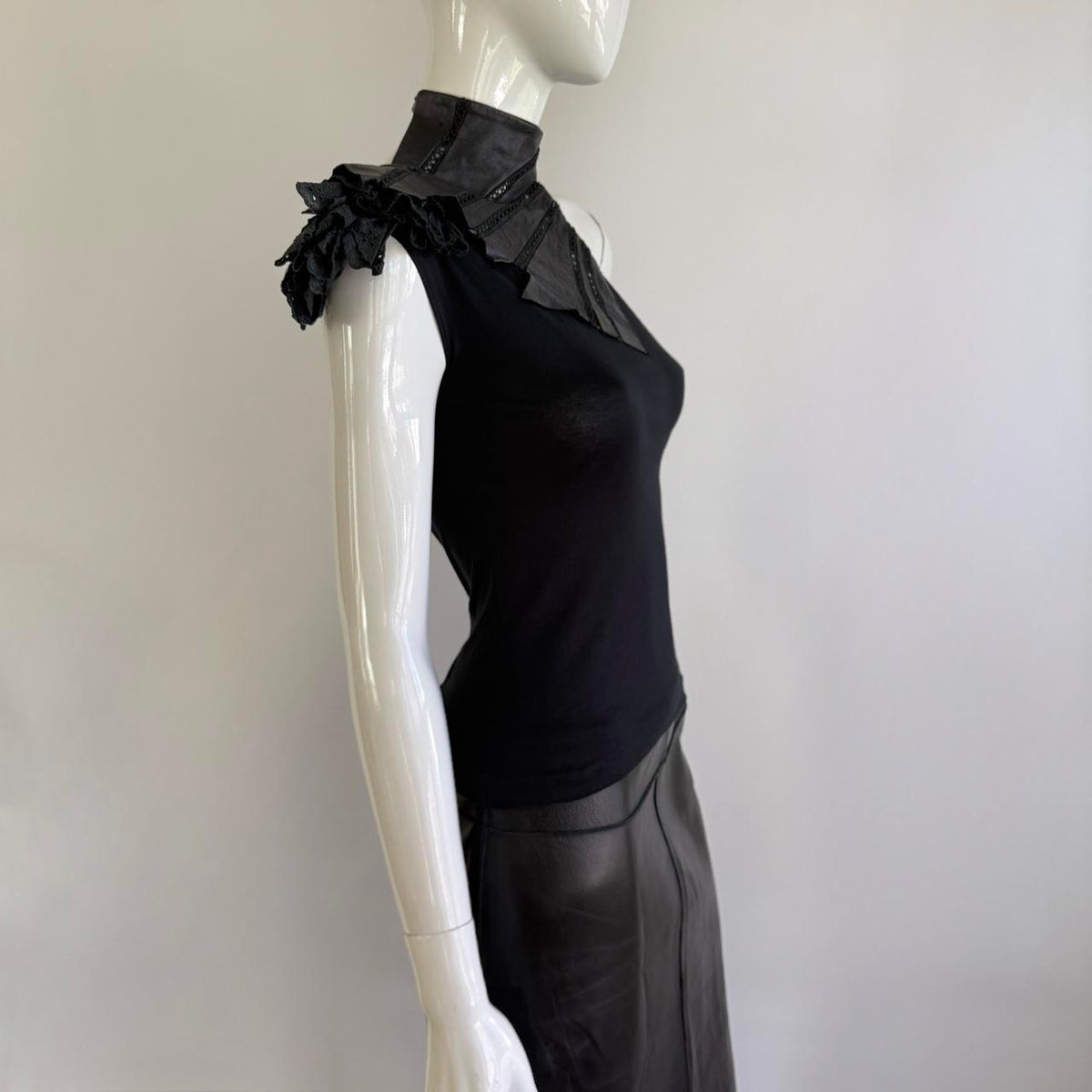 Japanese Vintage Leather & Eyelet One Shoulder Ruffle Top