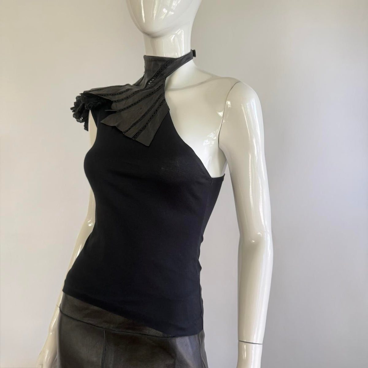 Japanese Vintage Leather & Eyelet One Shoulder Ruffle Top