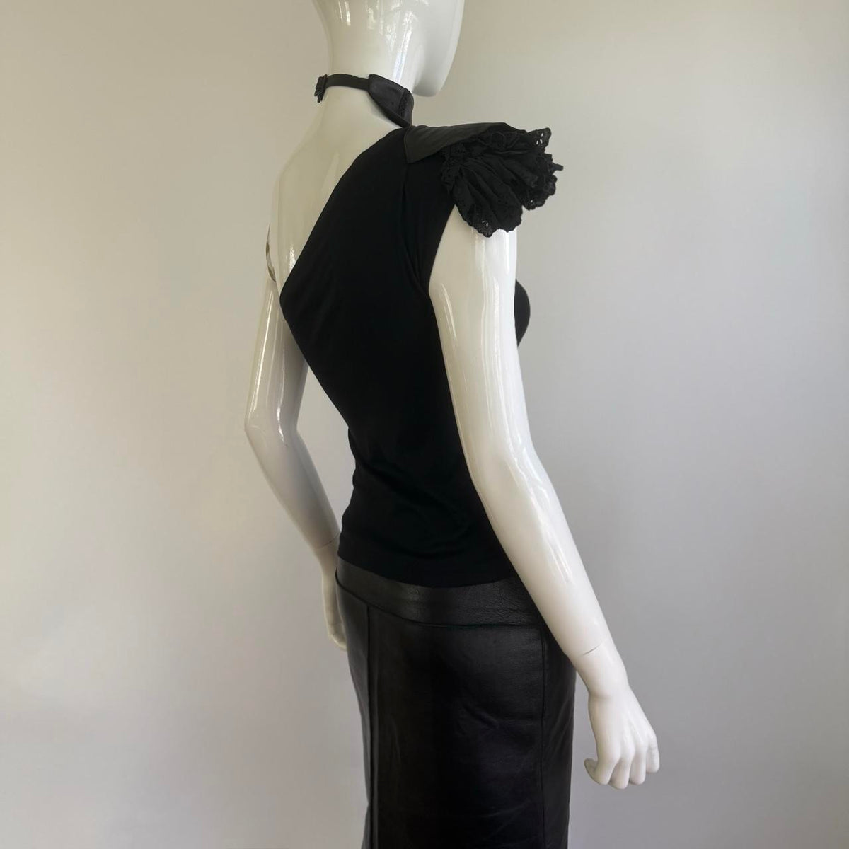 Japanese Vintage Leather & Eyelet One Shoulder Ruffle Top