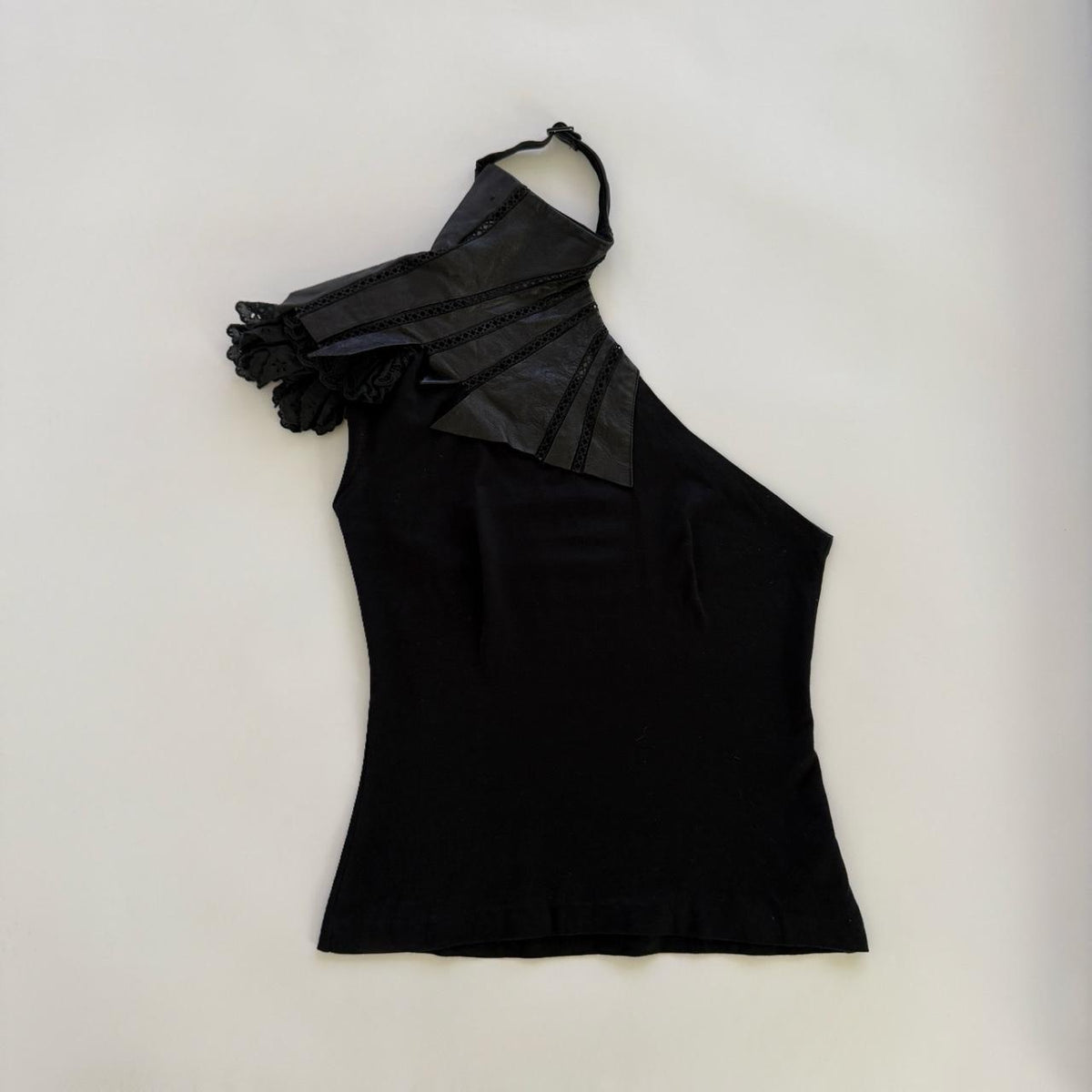 Japanese Vintage Leather & Eyelet One Shoulder Ruffle Top