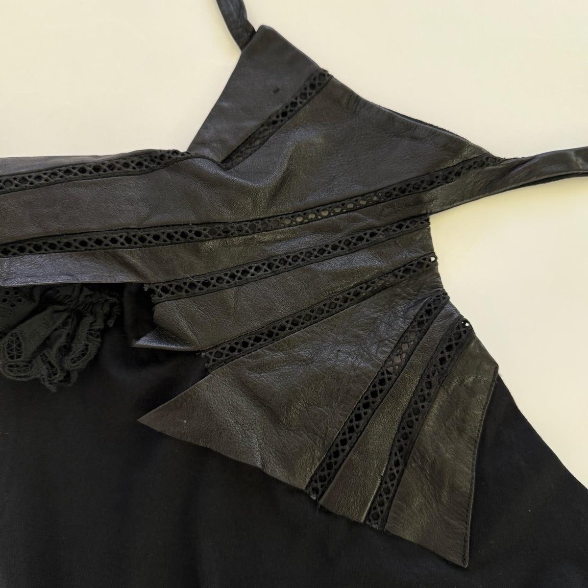 Japanese Vintage Leather & Eyelet One Shoulder Ruffle Top