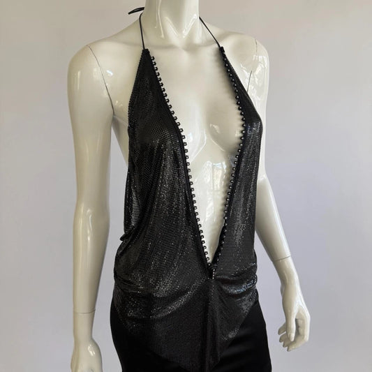 Archival Whiting & Davis Black Liquid Metal Mesh Halter Top⁠