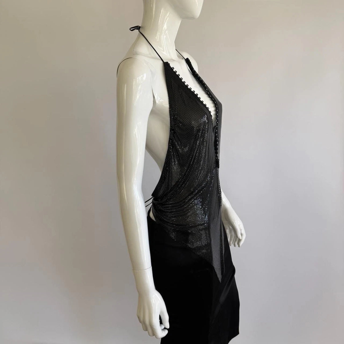 Archival Whiting & Davis Black Liquid Metal Mesh Halter Top⁠