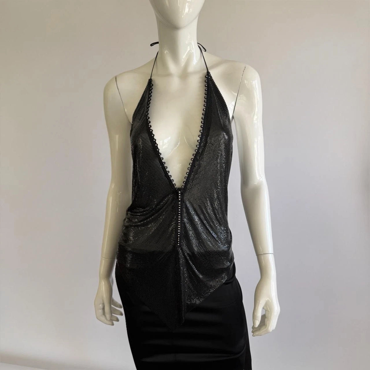 Archival Whiting & Davis Black Liquid Metal Mesh Halter Top⁠