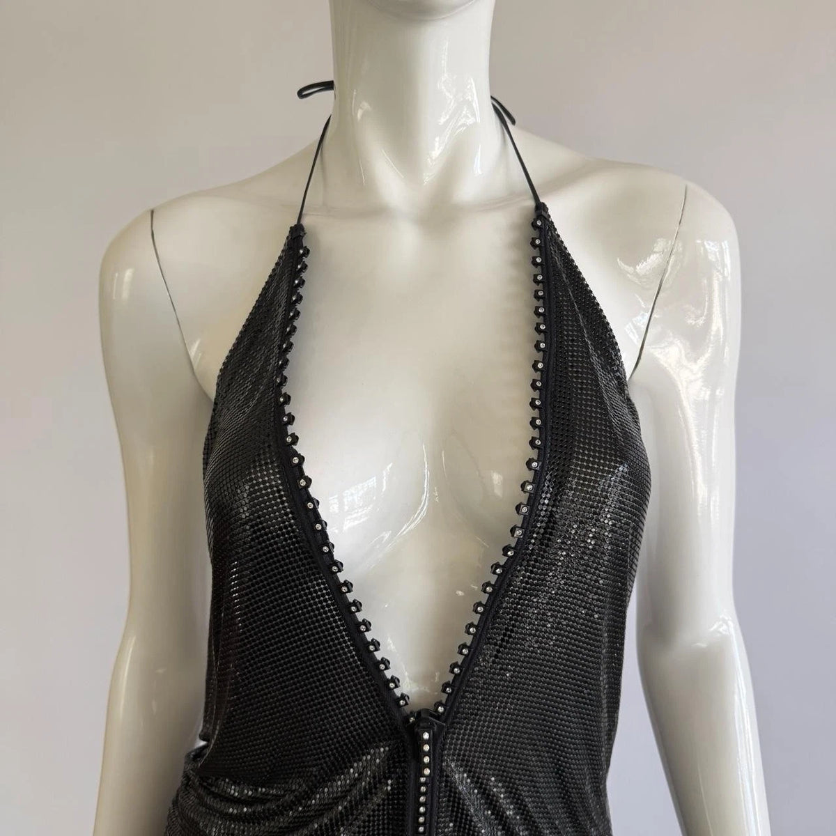 Archival Whiting & Davis Black Liquid Metal Mesh Halter Top⁠