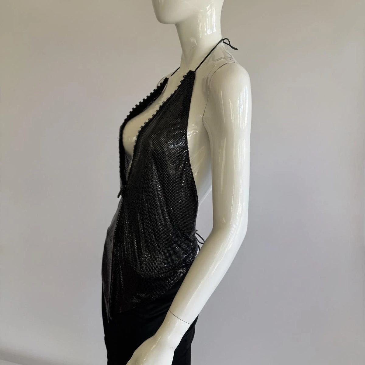 Archival Whiting & Davis Black Liquid Metal Mesh Halter Top⁠