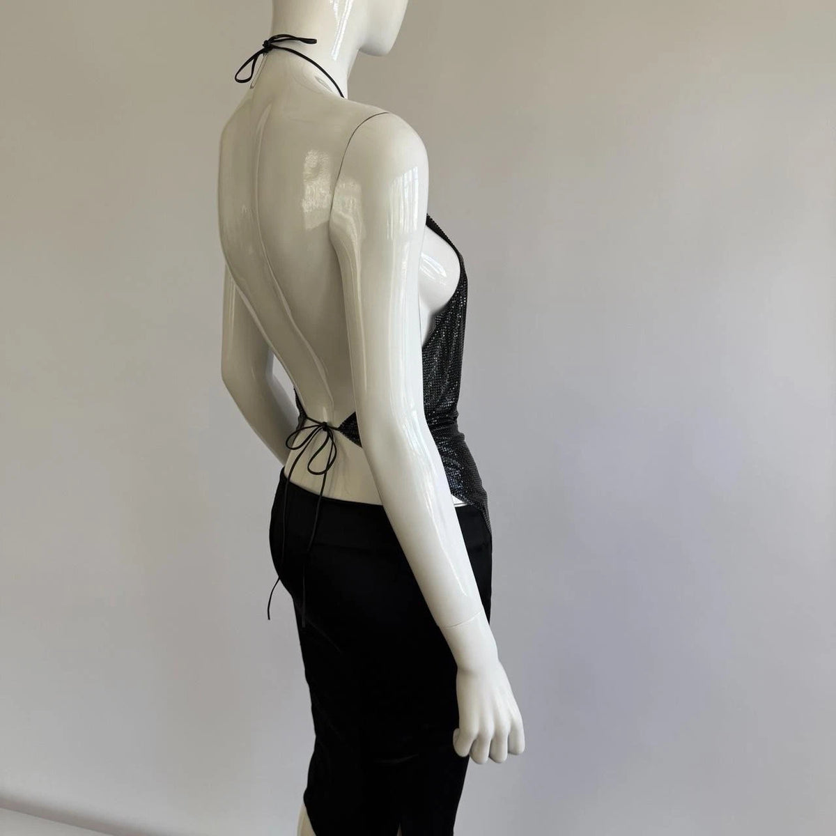 Archival Whiting & Davis Black Liquid Metal Mesh Halter Top⁠