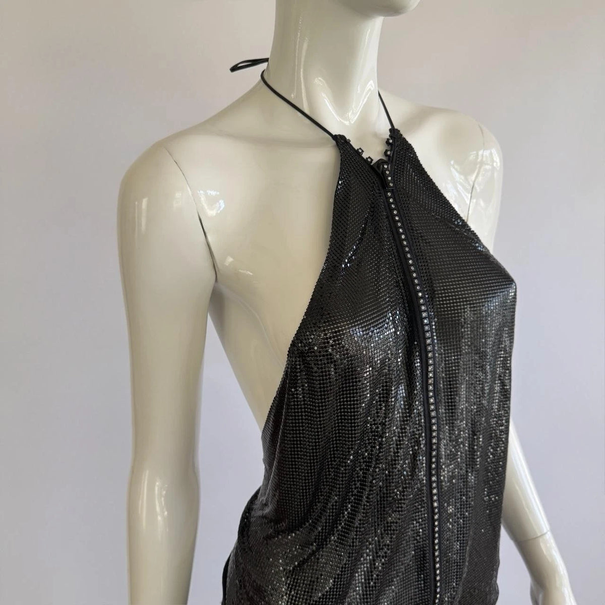 Archival Whiting & Davis Black Liquid Metal Mesh Halter Top⁠