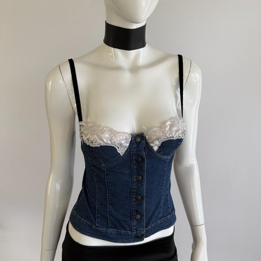 D&G Dolce & Gabbana Archival Late 90s Denim & Lace Bustier Top