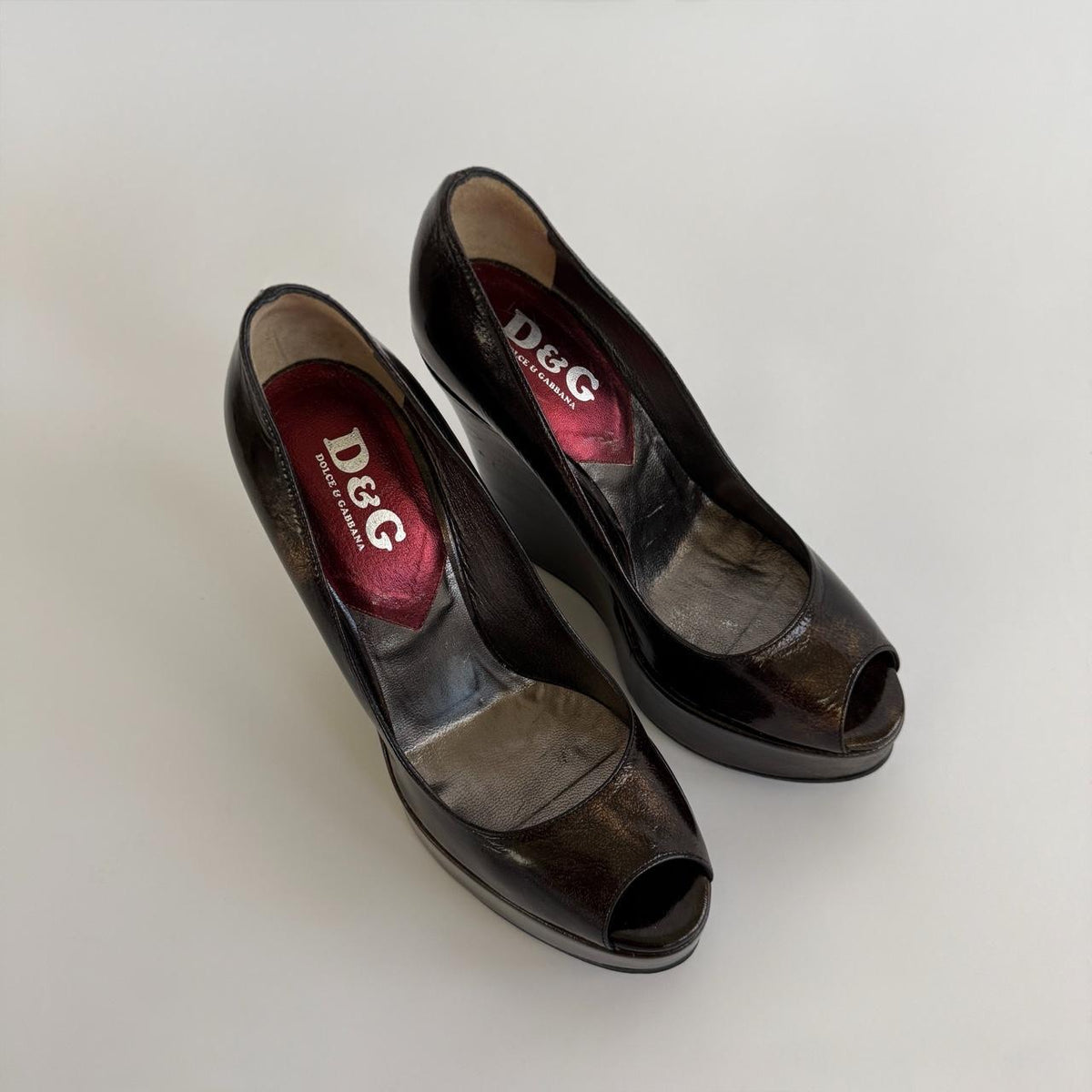 D&G Dolce & Gabbana Vintage Metallic Bronze Architectural Wedge Platforms
