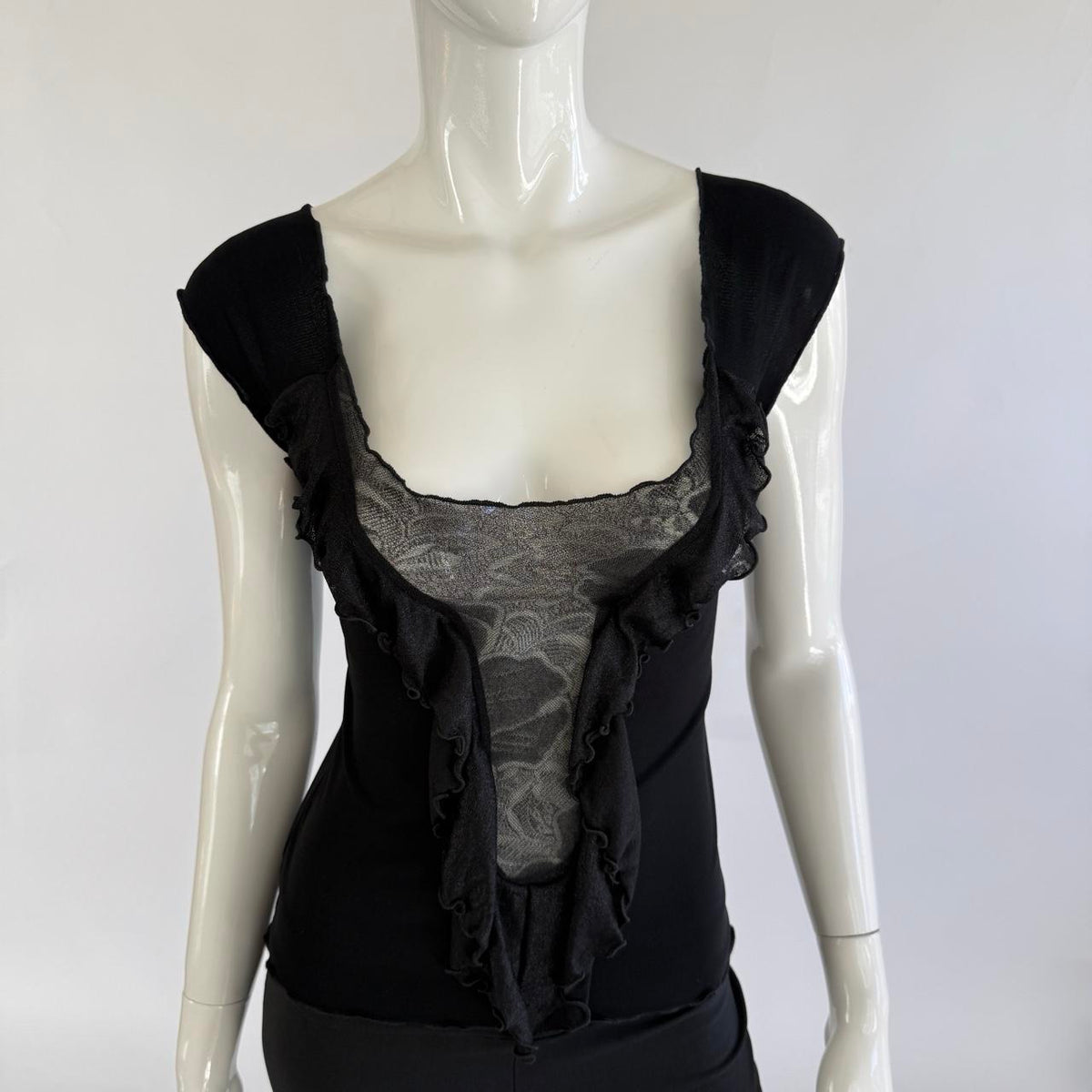 Emporio Armani Vintage Plunging Sheer Ruffle Top