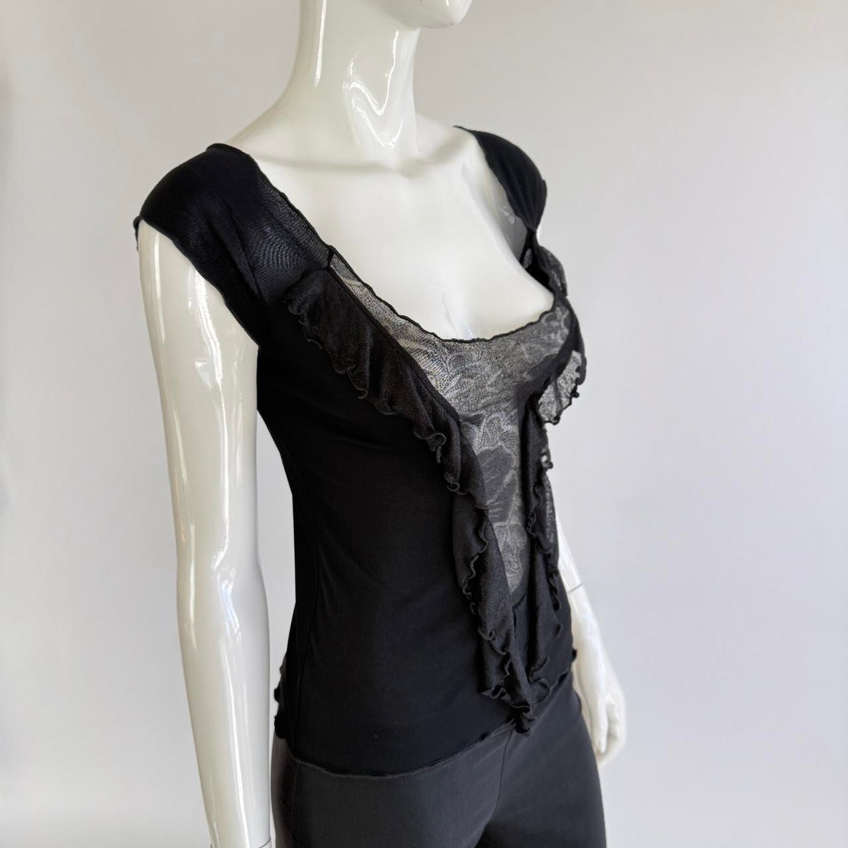 Emporio Armani Vintage Plunging Sheer Ruffle Top