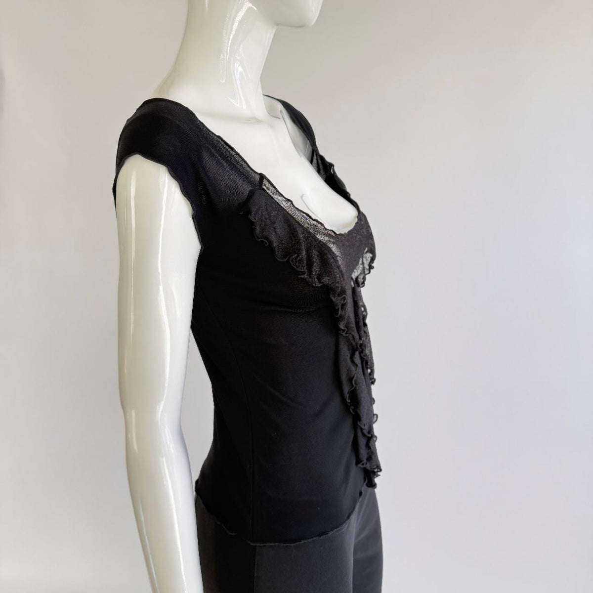 Emporio Armani Vintage Plunging Sheer Ruffle Top
