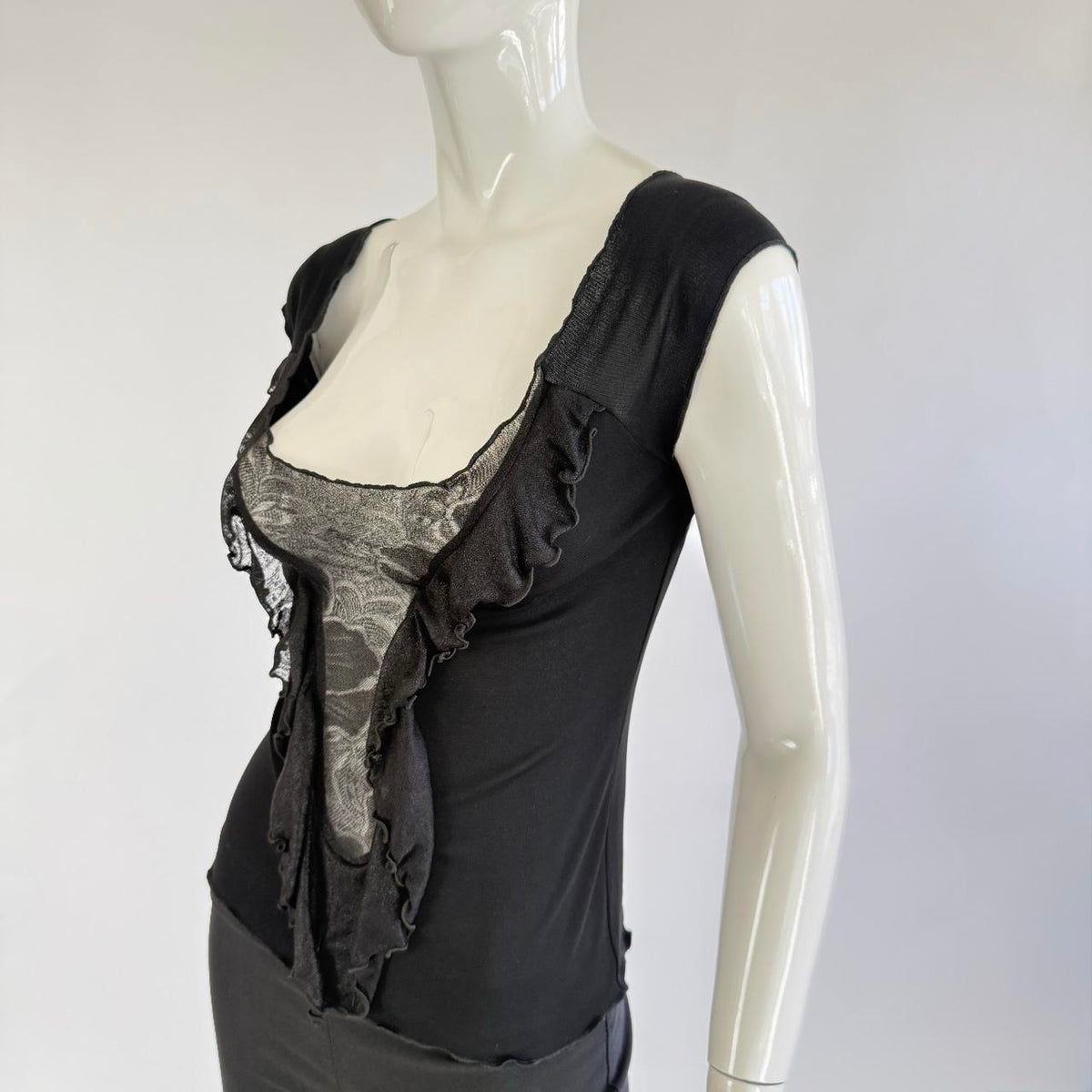 Emporio Armani Vintage Plunging Sheer Ruffle Top