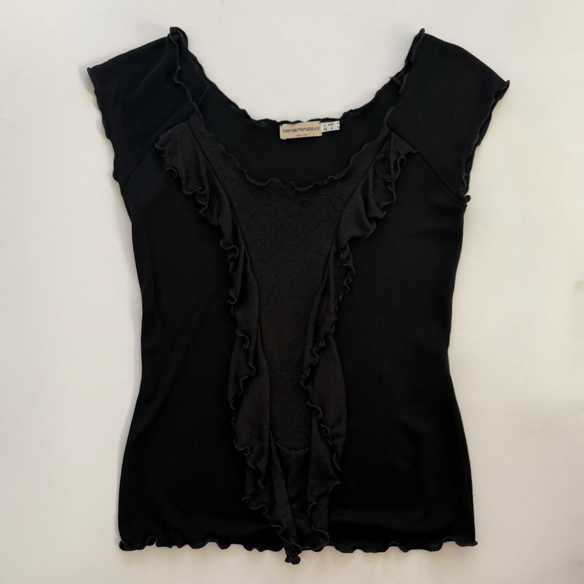 Emporio Armani Vintage Plunging Sheer Ruffle Top