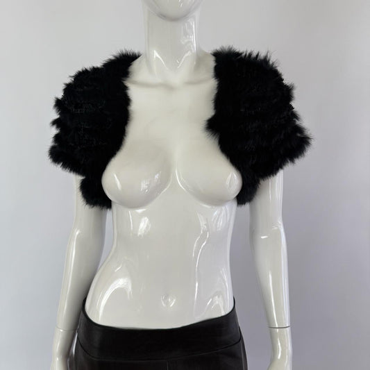 Genuine Rabbit Fur Japanese Vintage Black Crochet Bolero Shrug