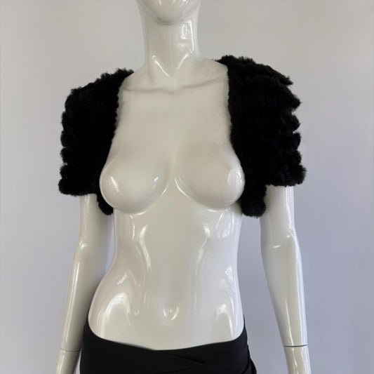 Genuine Rabbit Fur Japanese Vintage Black Knitted Bolero Shrug