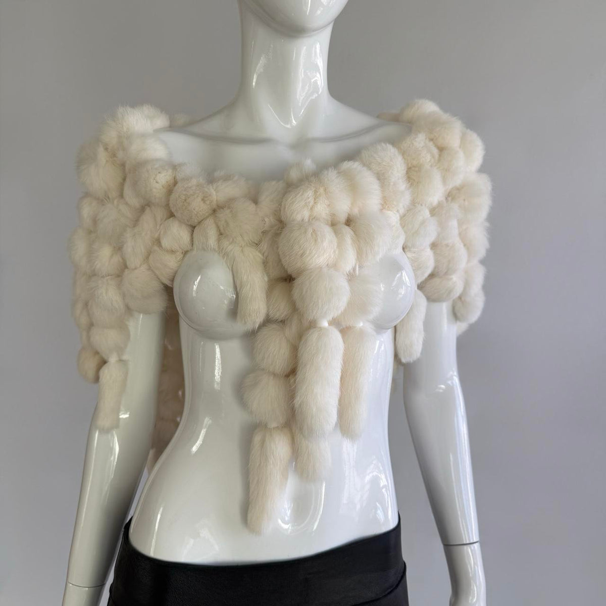 Genuine Rabbit Fur Vintage Cream Pom Pom Caplet