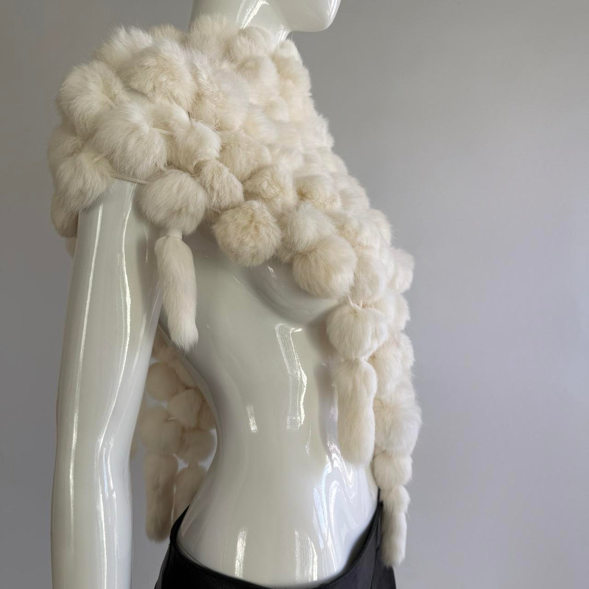 Genuine Rabbit Fur Vintage Cream Pom Pom Caplet