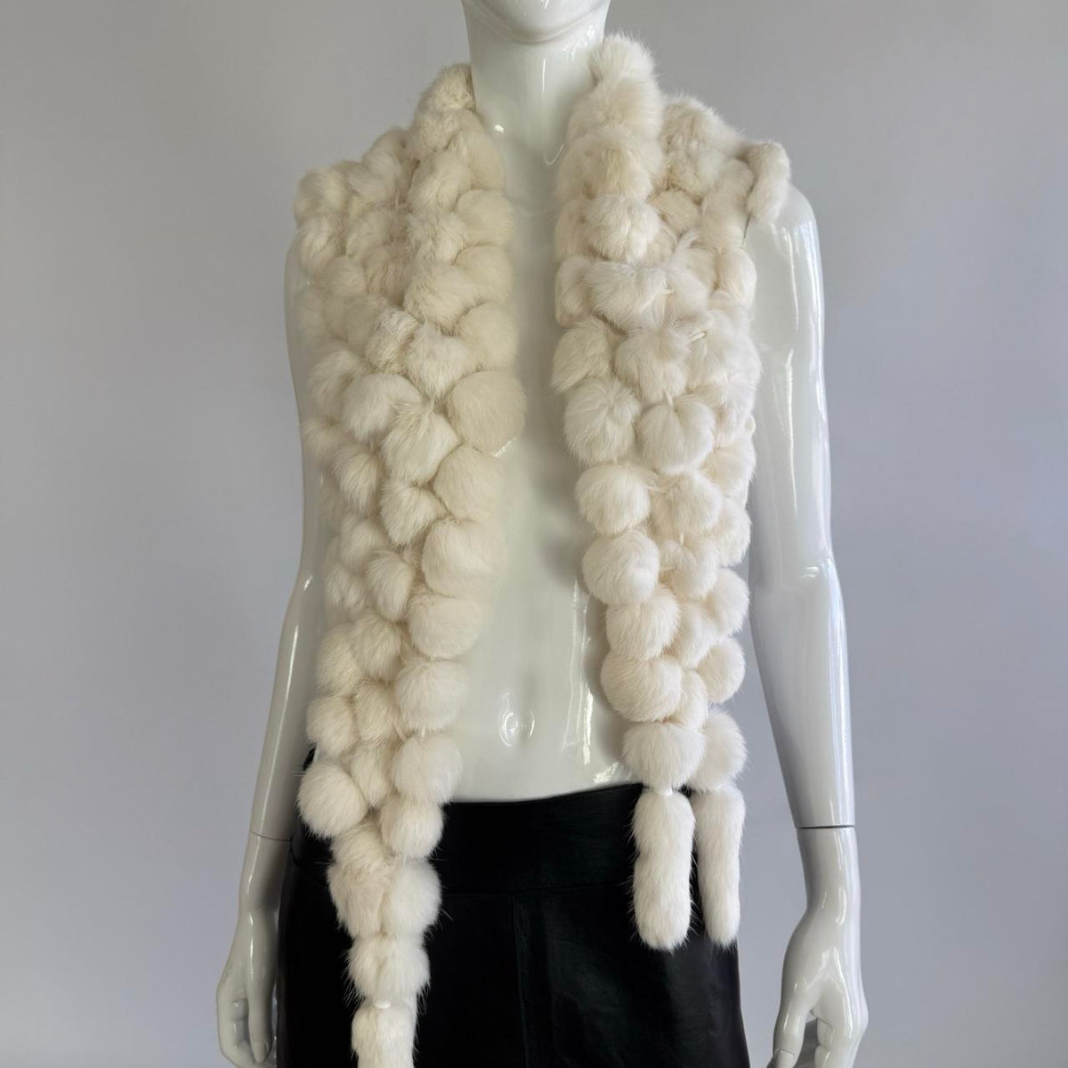 Genuine Rabbit Fur Vintage Cream Pom Pom Caplet