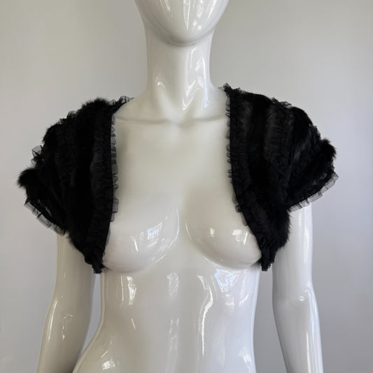 Real Rabbit Fur Trim Black Sheer Mesh Bolero