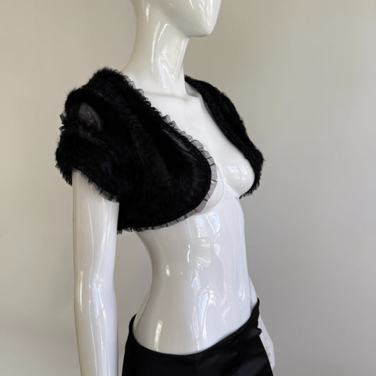 Real Rabbit Fur Trim Black Sheer Mesh Bolero