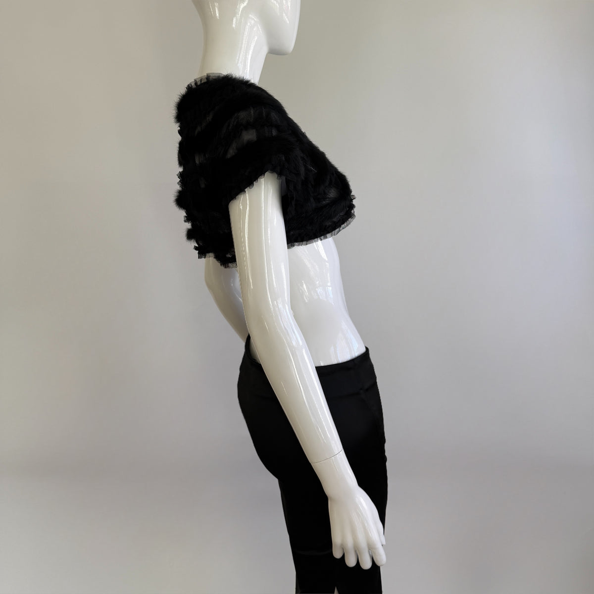 Real Rabbit Fur Trim Black Sheer Mesh Bolero