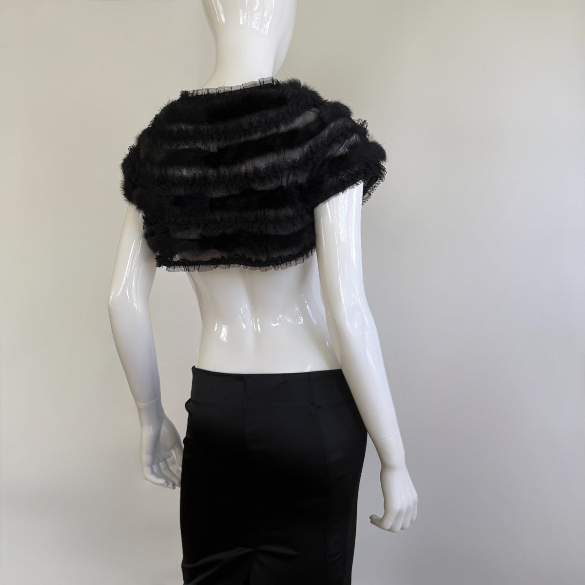 Real Rabbit Fur Trim Black Sheer Mesh Bolero