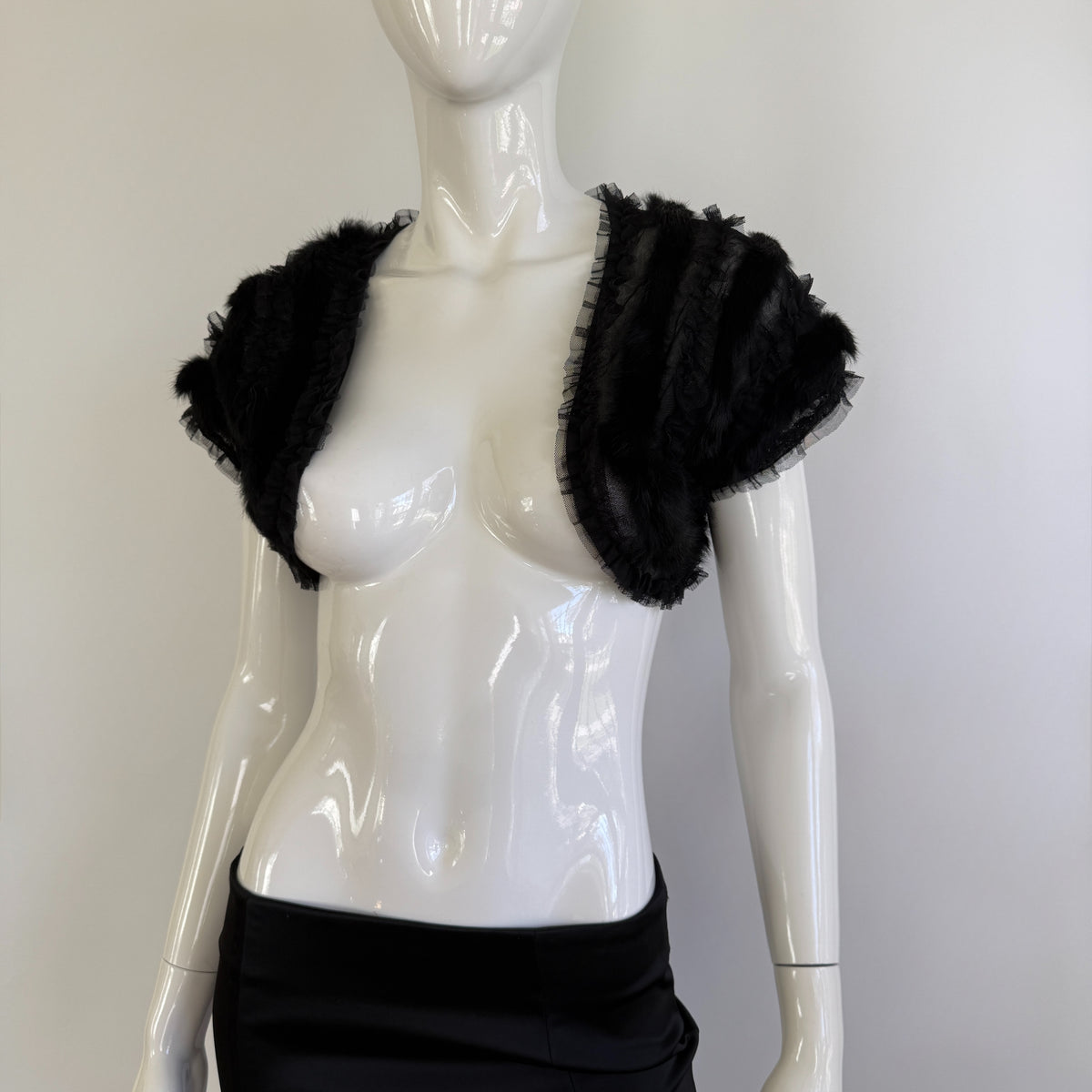 Real Rabbit Fur Trim Black Sheer Mesh Bolero