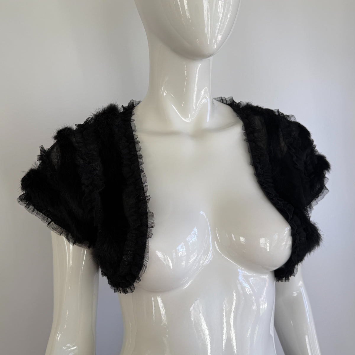 Real Rabbit Fur Trim Black Sheer Mesh Bolero