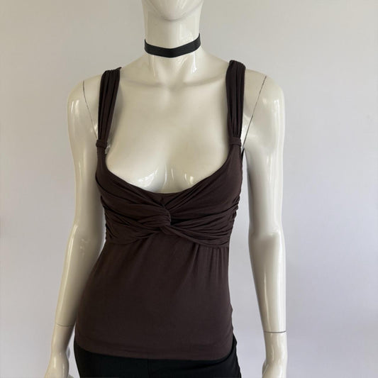 Moschino 1990s Archival Brown Ruched Twist Bust Tank Top