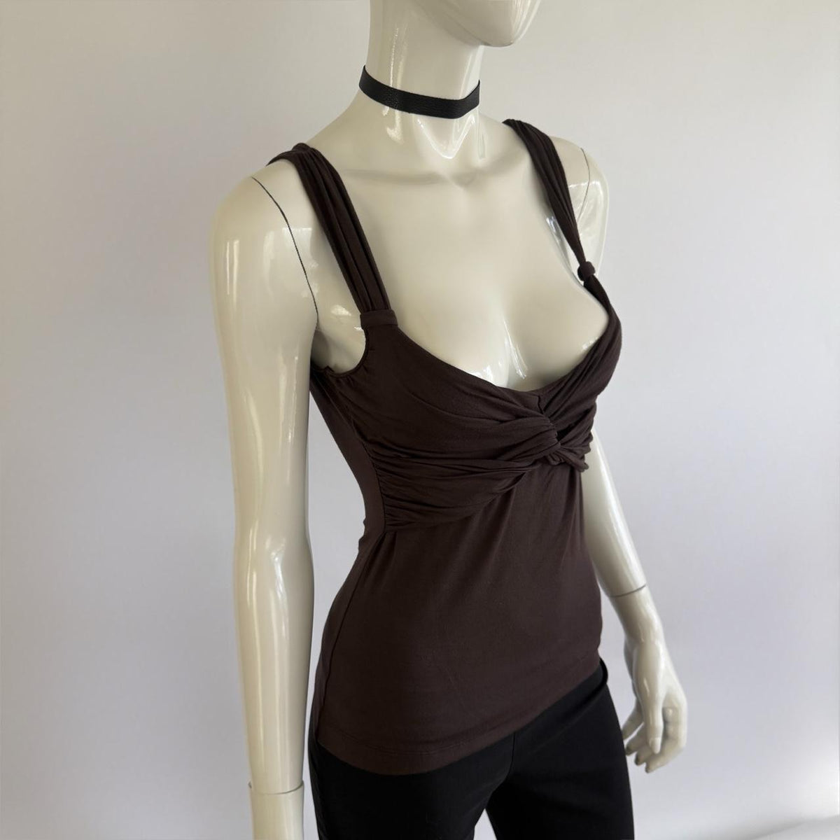 Moschino 1990s Archival Brown Ruched Twist Bust Tank Top