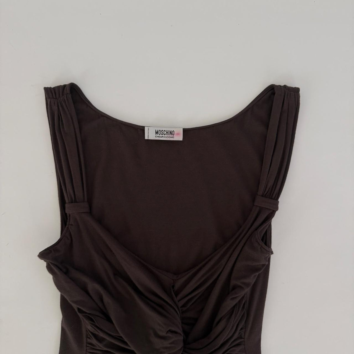 Moschino 1990s Archival Brown Ruched Twist Bust Tank Top