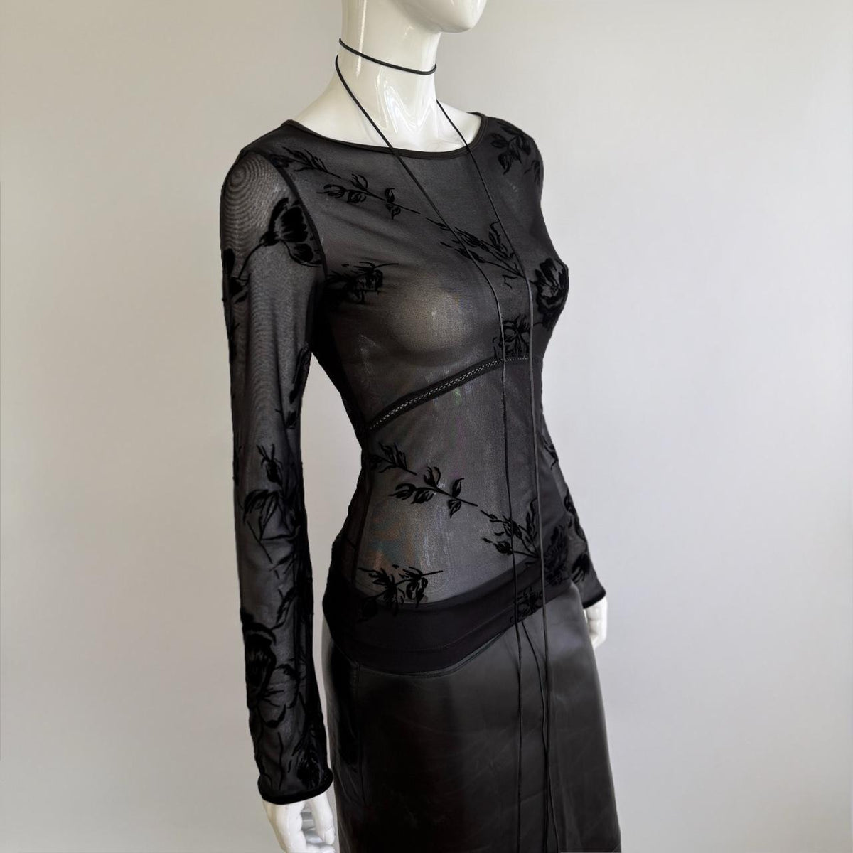 Plein Sud Vintage 90s Black Mesh Burnout Floral Top