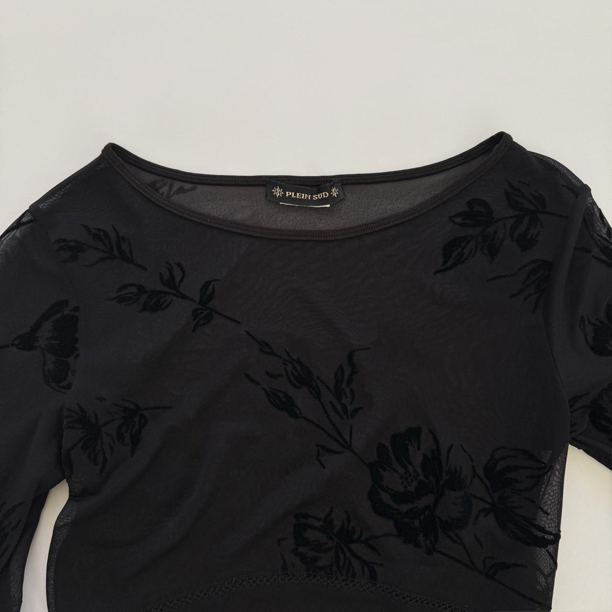Plein Sud Vintage 90s Black Mesh Burnout Floral Top