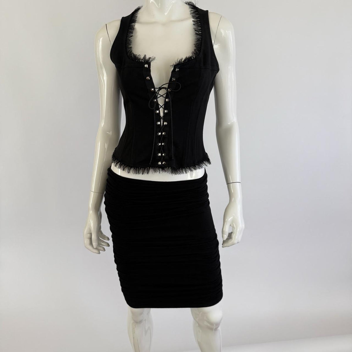 Vintage 90s Versace Black Ruched Bodycon Midi Skirt