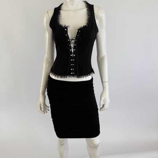Vintage 90s Versace Black Ruched Bodycon Midi Skirt