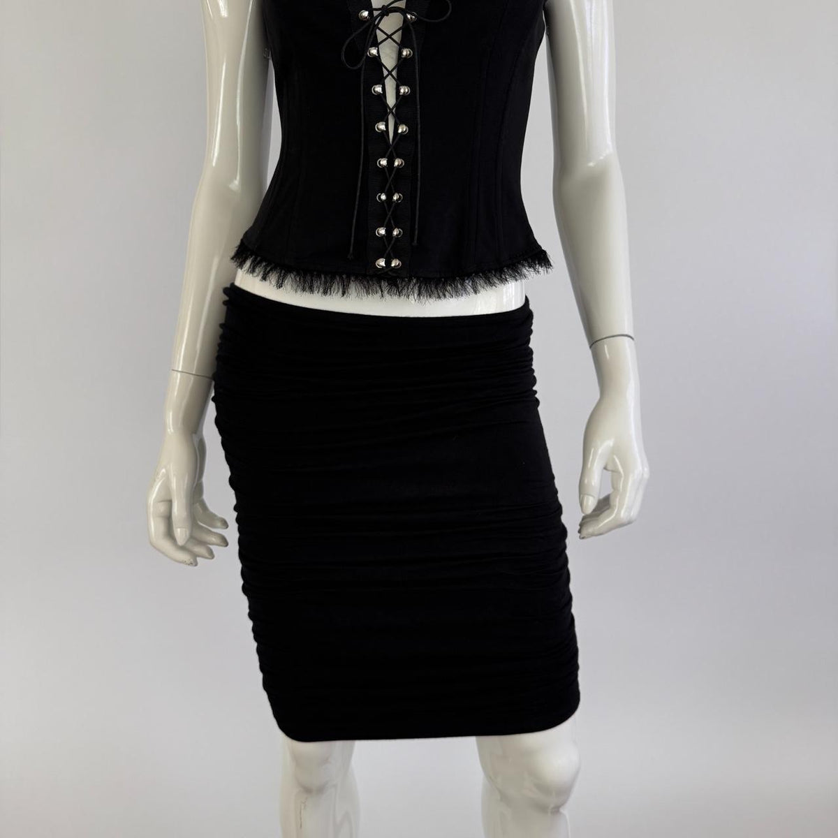 Vintage 90s Versace Black Ruched Bodycon Midi Skirt