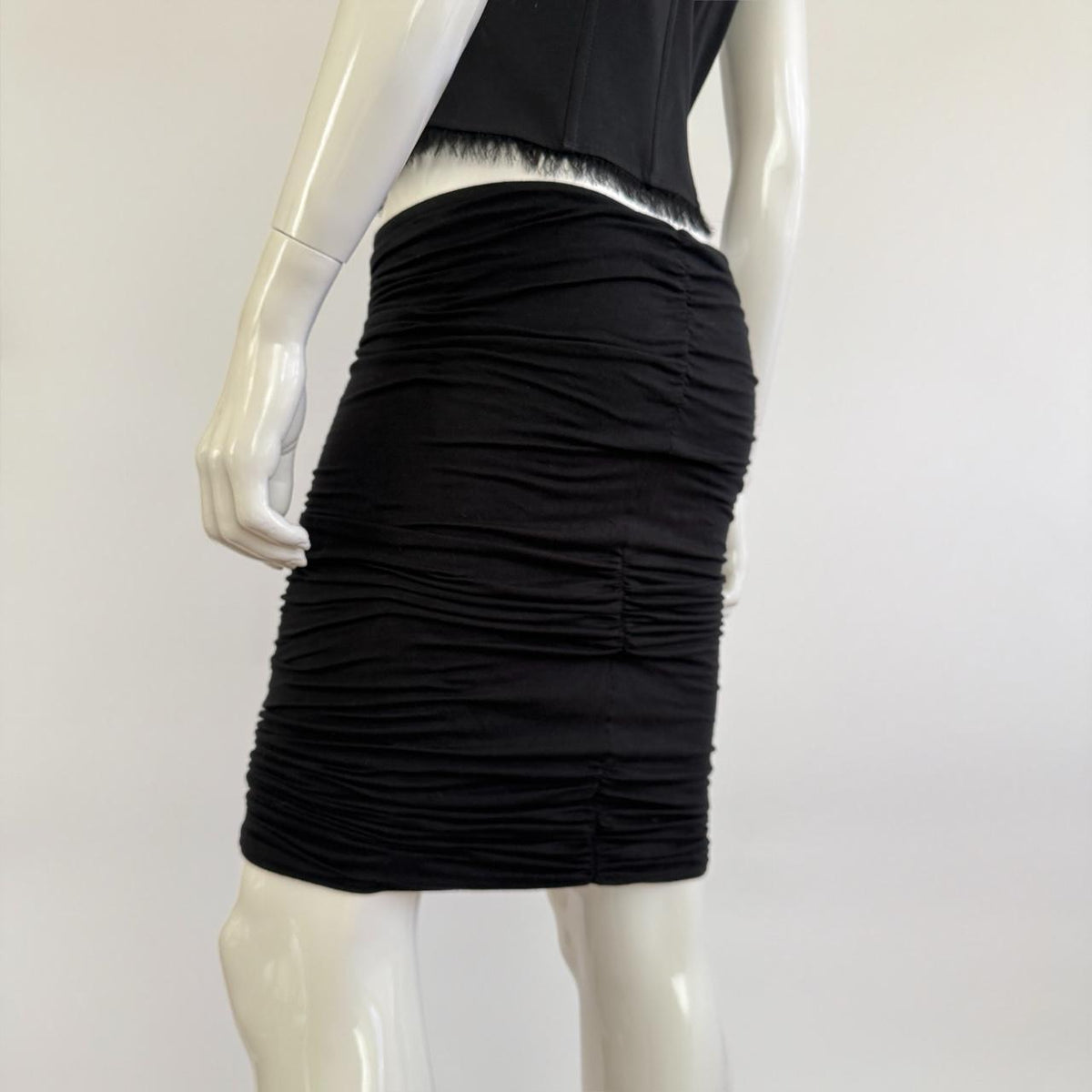 Vintage 90s Versace Black Ruched Bodycon Midi Skirt