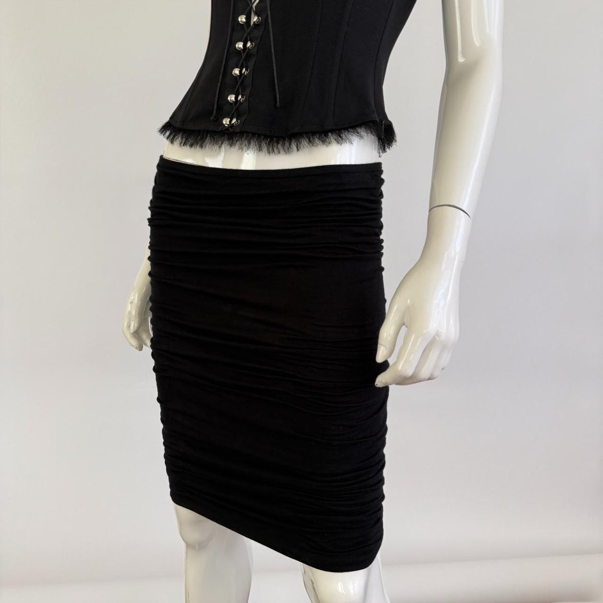 Vintage 90s Versace Black Ruched Bodycon Midi Skirt