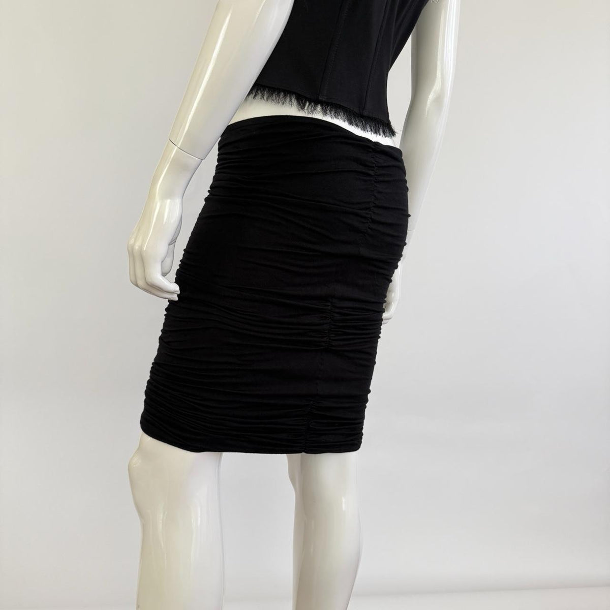 Vintage 90s Versace Black Ruched Bodycon Midi Skirt