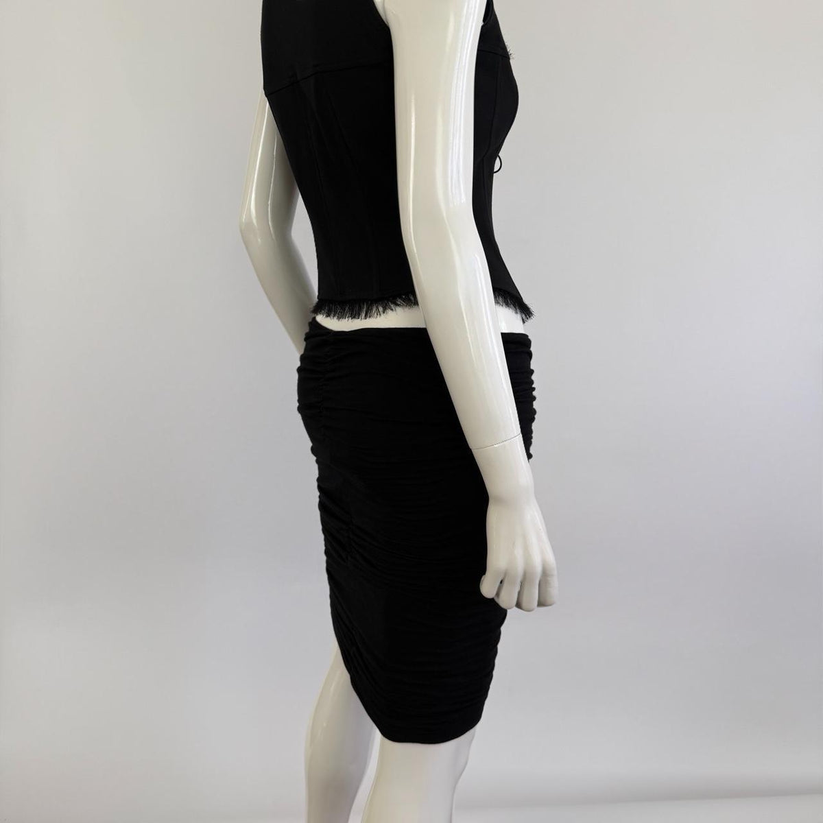Vintage 90s Versace Black Ruched Bodycon Midi Skirt