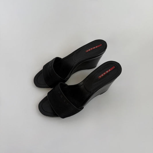 Vintage 90s Prada Sport Linea Rossa Black Wedge Mules